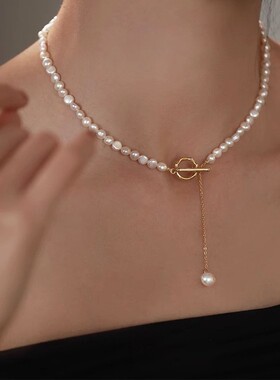 巴洛克异形小淡水珍珠项链简约OT扣流苏4-5MM淡水珍珠锁骨链配饰