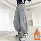 女童加绒卫裤2025年秋冬新款休闲刺绣束脚裤中大童阔腿裤直筒长裤，童装裤子，祺儿童装