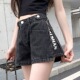 侧拉链牛仔短裤 ins潮 字母显瘦学生阔腿a热裤 女夏2021新款 腰韩版