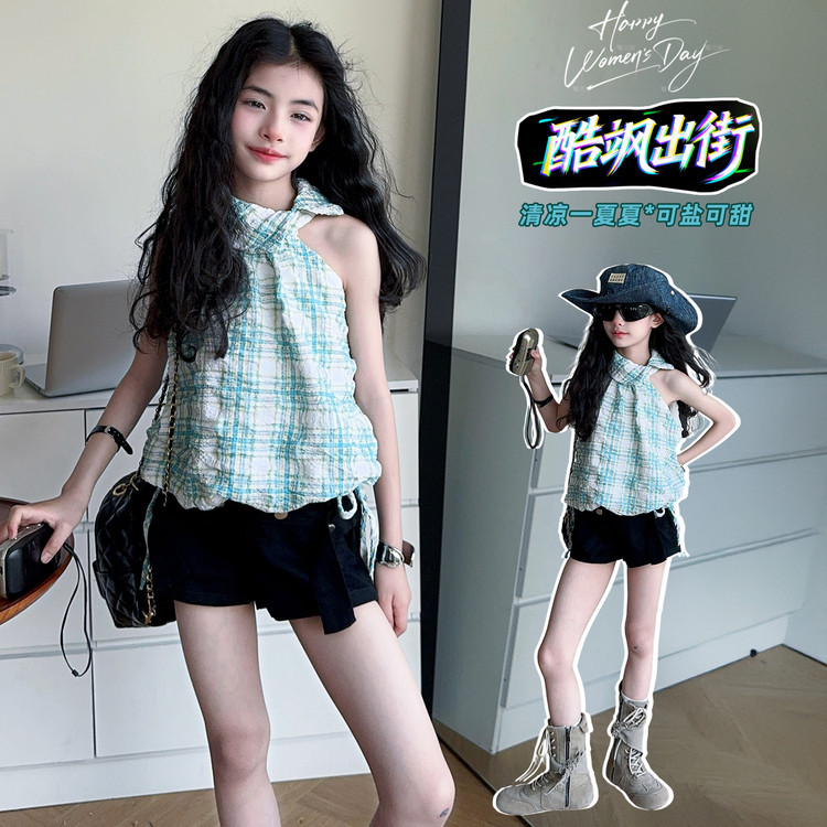 女童挂脖无袖短裤套装2025夏季中大童泡泡格纹衬衫上衣短裤两件套，童装休闲套装，祺儿童装