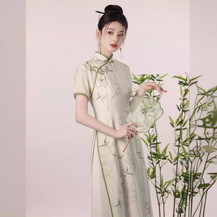 绿色竹纹奥黛旗袍2024新款夏季改良年轻款新中式少女假两件连衣裙