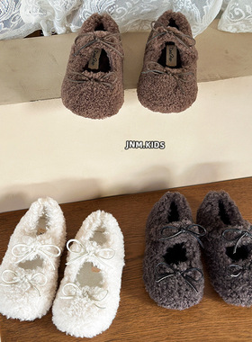 韩版童鞋2025女童冬季新款蝴蝶结公主毛毛鞋儿童加绒棉鞋豆豆鞋
