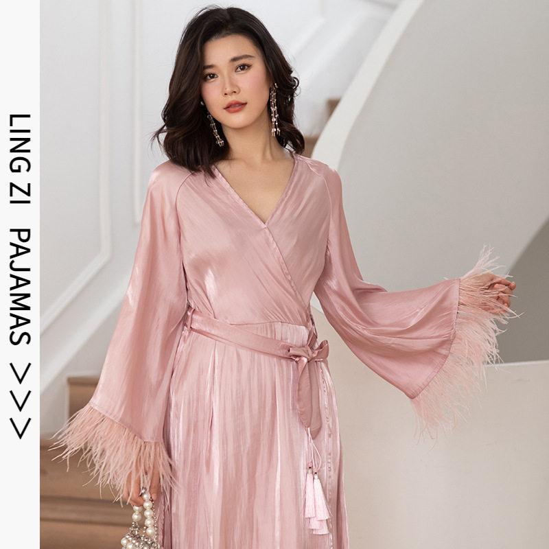 春款睡袍女羽毛端优雅欧式ins风流苏v领新娘晨袍性感家居服女