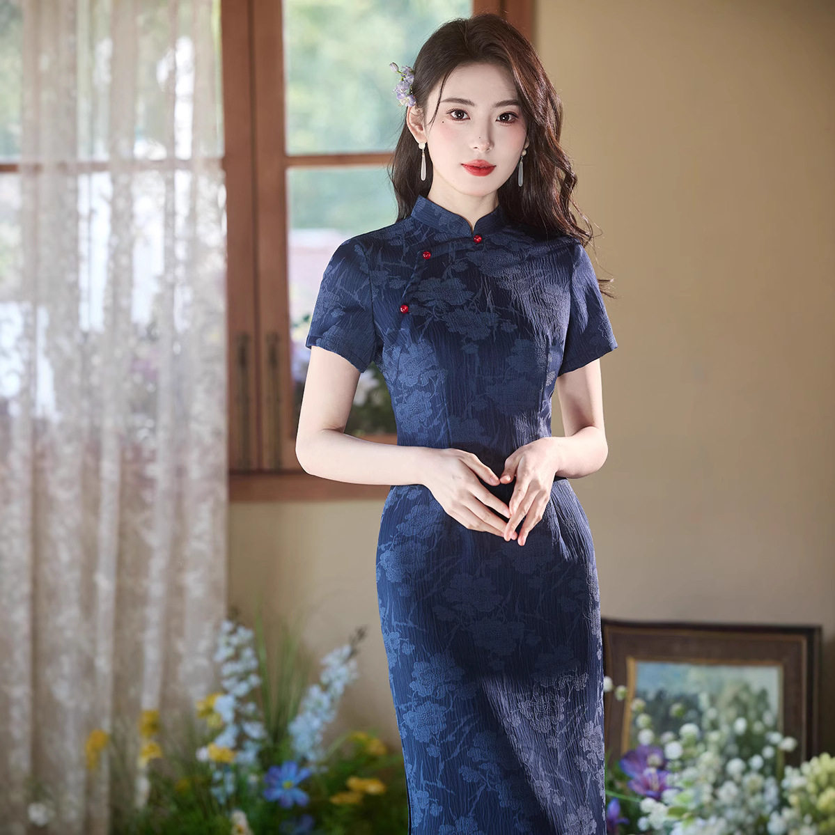 唐依恋藏青色新款旗袍2026春夏少女气质优雅复古纯欲风连衣裙日常