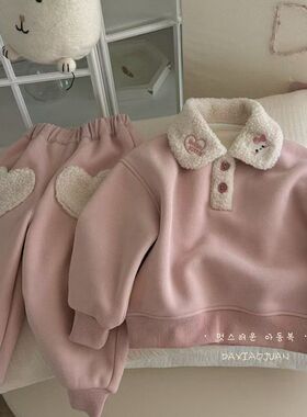 2026春秋冬女童新品童装卡通爱心加绒两件套翻领卫衣洋气休闲套装