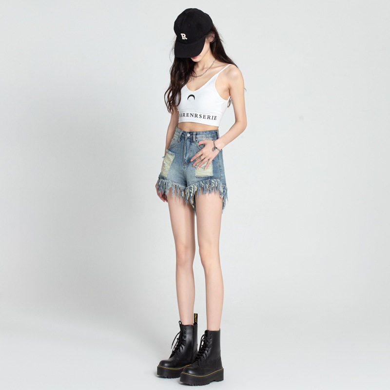 做旧破洞毛边牛仔短裤女A字热裤