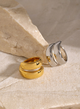 欧美18k金不锈钢双层弹簧开口戒指ins冷淡风时尚潮流钛钢戒指