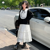 女童加厚毛衣2025年秋冬新款韩系蕾丝花边领针织衫中大儿童打底衫，童装毛衣，祺儿童装