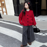 女童2025年春秋新款大扣子开衫外套女大童慵懒宽松针织衫修身毛衣，童装毛衣，祺儿童装