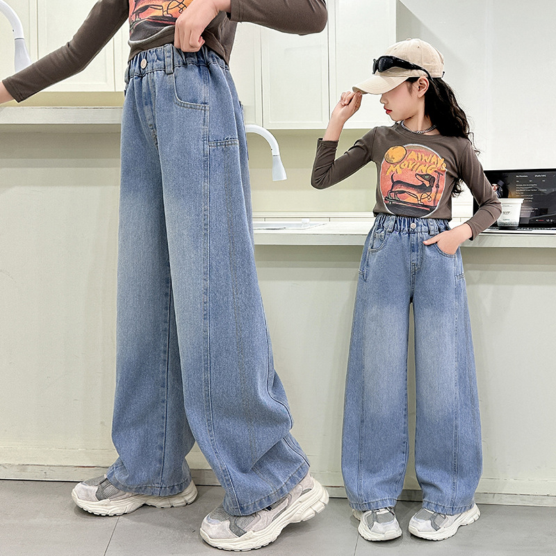 2025新款女童裤子春季儿童宽松牛仔裤春秋女大童初中生直筒阔腿裤，童装裤子，祺儿童装
