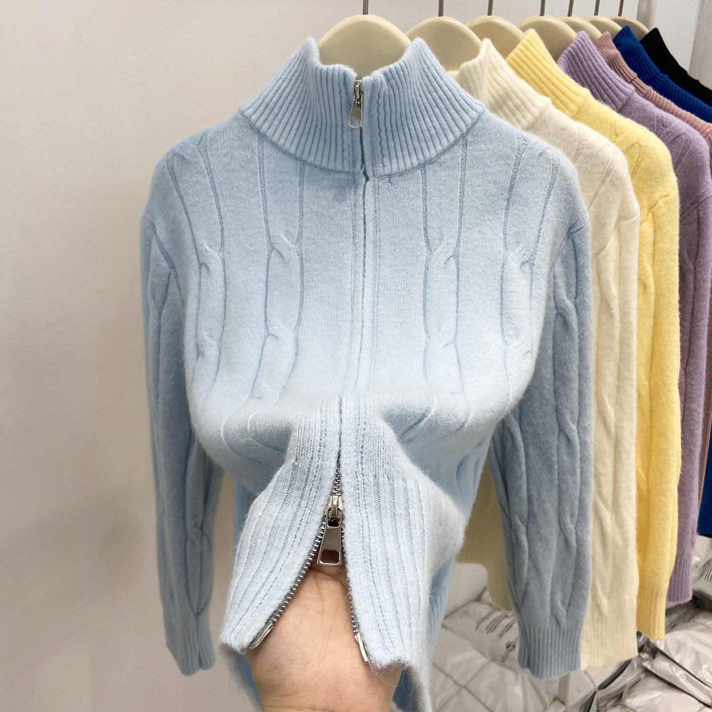 baby蓝领毛衣女麻花肌理感针织外套秋冬洋气双拉链内搭外穿上衣,女装/女士精品,毛针织衫,淘宝优惠券,粉丝福利购,淘宝优惠卷