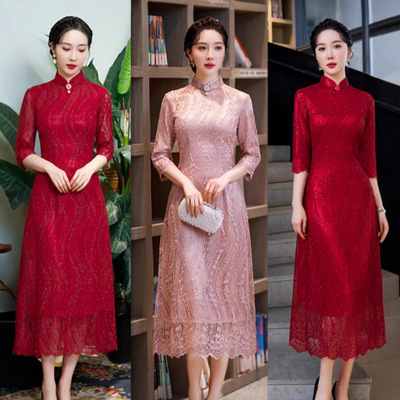 改良旗袍回娘家红色连衣裙2024新款女端修身喜婆婆婚宴妈妈礼服