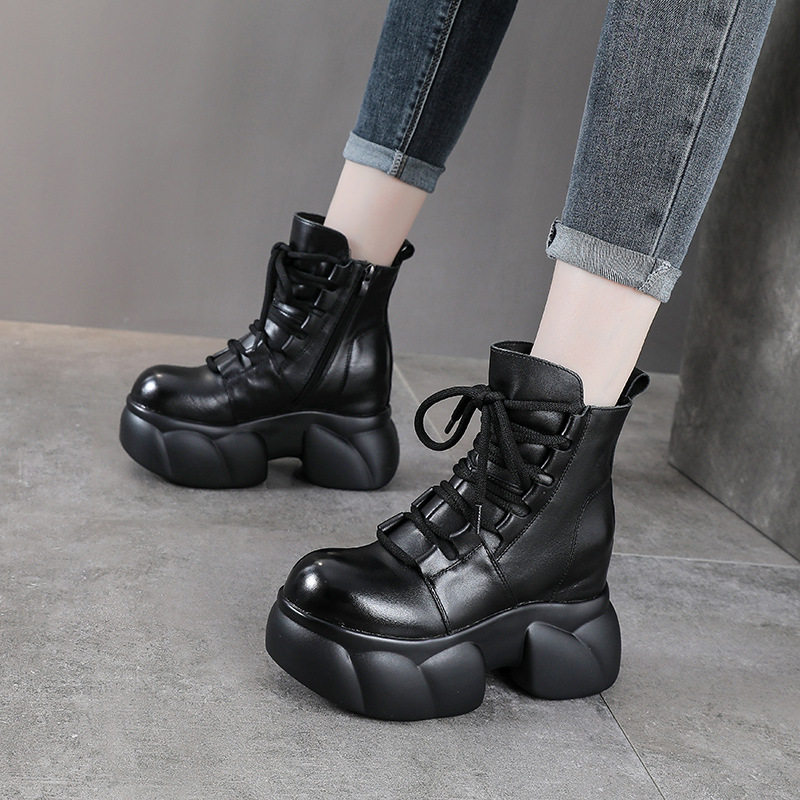 头层牛皮厚底马丁靴女秋冬新款松糕跟9CM内增高小个子真皮短靴子