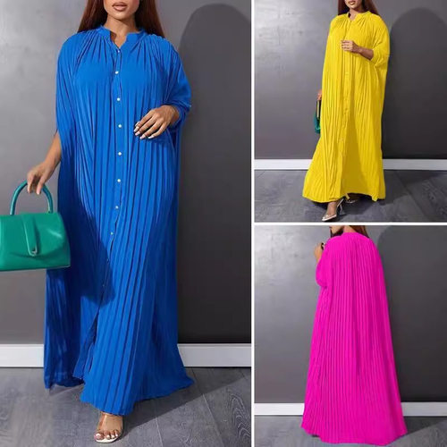 排扣压褶衫大码裙 Solid color stand up collar button up dress