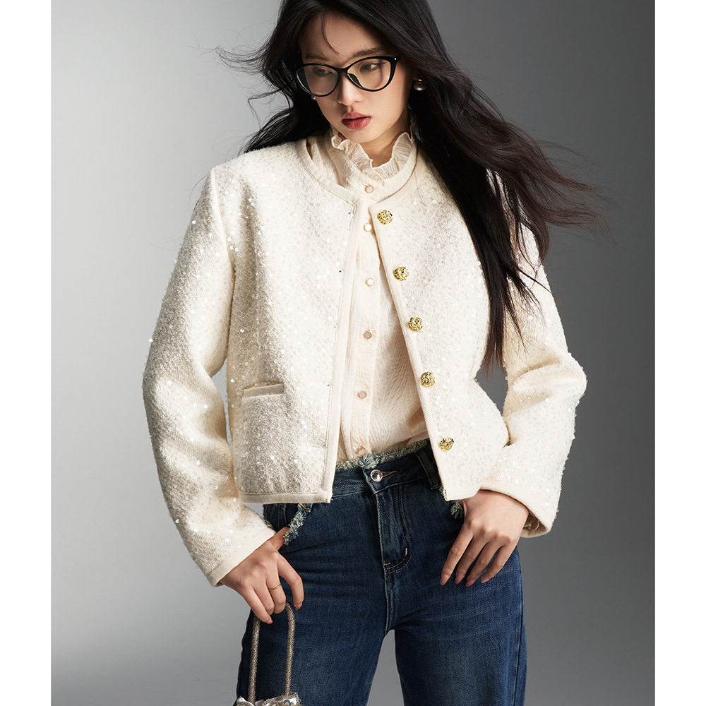 翡格依2026春款法式复古名媛风珠片小香风粗花呢外套短款上衣女,女装/女士精品,毛呢外套,淘宝优惠券,粉丝福利购,淘宝优惠卷