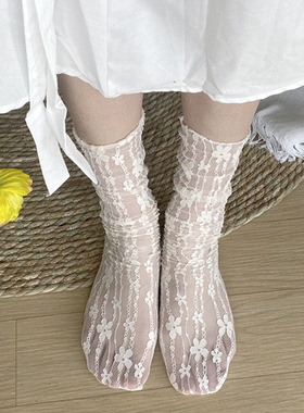 【3双】白色蕾丝堆堆袜子透气女中筒袜Lolita网纱薄款日系jk花朵