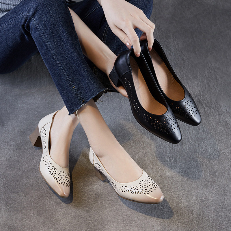 真皮凉鞋女高跟软底镂空尖头船鞋通勤皮鞋单鞋夏季新款透气洞洞鞋