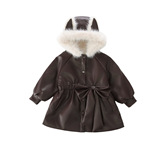 女童秋冬皮衣外套2025新款韩版女加绒连帽毛毛领蝴蝶结派克服P112，童装外套，祺妙童装
