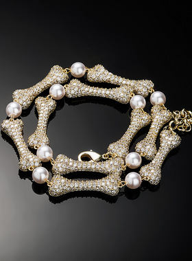 金澳INS欧美嘻哈个性潮款满锆石骨头珍珠手链耳环古巴链项链耳饰