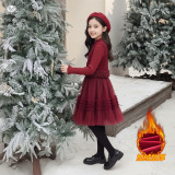 女童小香风套装2025年秋冬加绒新款中大童网纱连衣裙毛呢马甲年服，童装休闲套装，祺儿童装