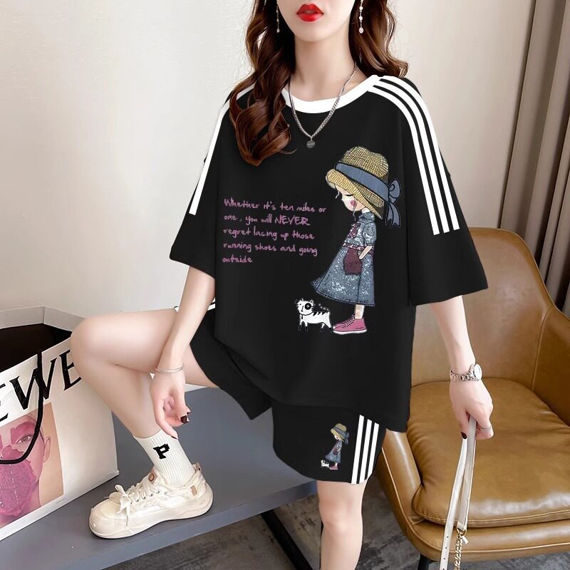 纯棉休闲运动服短袖短裤两件套装女夏季大码胖mm2-300斤时尚穿搭