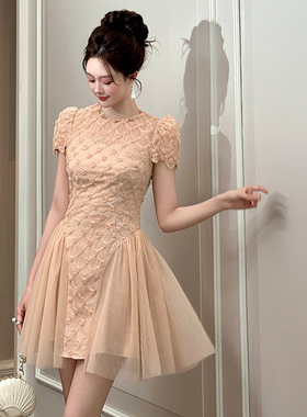 2025夏季新款女装甜美气质圆领收腰修身不规则a字粉色连衣裙15433