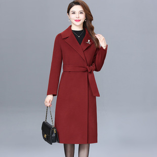 高端2025秋冬长款气质羊绒大衣红色双面呢中老年女装妈妈毛呢外套