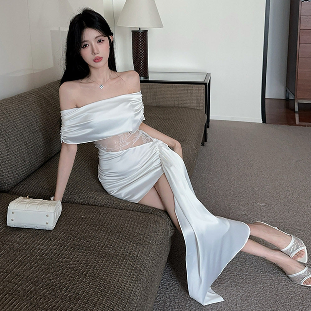 性感透明短袖欧美2025跨境外贸级感气质一字领拼接蕾丝修身连衣裙