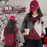 女童秋冬毛衣加厚2025年新款中大儿童新年菱形格针织衫韩系打底衫，童装毛衣，祺儿童装