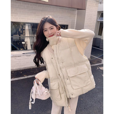 秋冬新款韩版单排扣工装棉服马甲女百搭圆领宽松无袖纯色棉衣外套