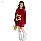 女童加厚毛衣2025年冬季新款中大童红色星星针织衫新年服春秋内搭，童装毛衣，祺儿童装