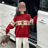 女童加厚毛衣2025年秋冬新款卡通小熊提花针织衫中大童蝴蝶结上衣，童装毛衣，祺儿童装