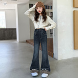 女童2025年冬季新款裤脚拼咖色格子蝴蝶结刺绣牛仔裤女大童喇叭裤，童装裤子，祺儿童装