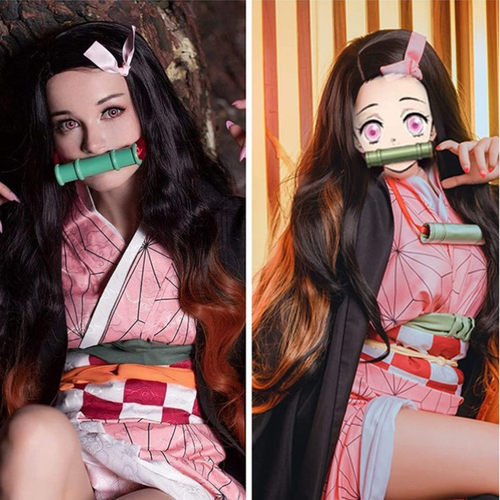 弥豆子假发鬼灭之刃cosplay动漫灶门祢豆子假毛精致染色渐变长卷