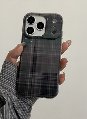 小众ins简约气质深灰色格纹适用iPhone16苹果17promax手机壳16pro