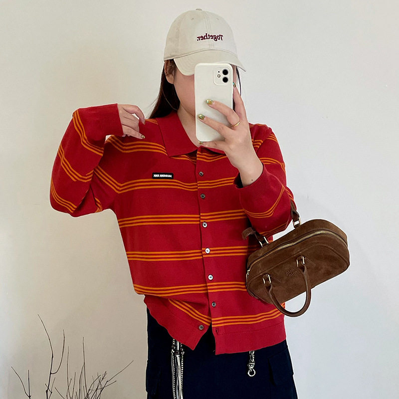 大码女装气质撞色条纹衫女polo领上衣2025冬款胖mm宽松针织开衫潮