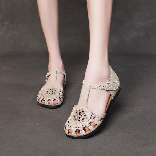 包头平底T字型魔术贴牛筋底凉鞋