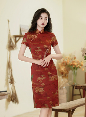 国风春夏秋新款古典旗袍修身时尚连衣裙复古大码红色女装表演出服