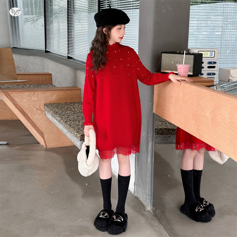 女童2025年春秋新款珍珠毛衣女大童下摆蕾丝花边打底衫公主毛毛衣，童装毛衣，祺儿童装