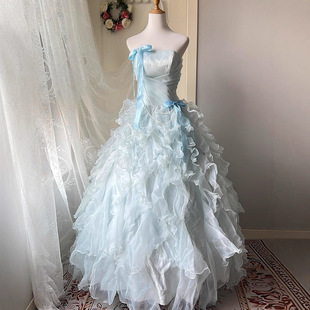 蓝色礼服成人礼女中生主持人艺考在逃公主生日宴会甜美蓬蓬裙