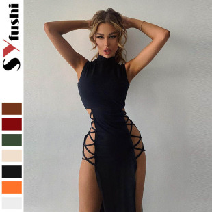 Women's half neck vest sleeveless slit sexy spicy girl dress