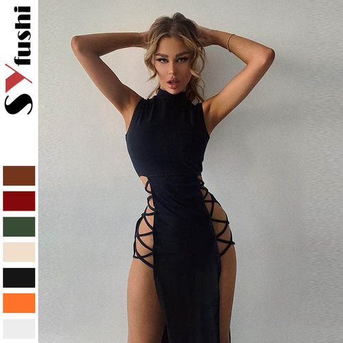 Women's half neck vest sleeveless slit sexy spicy girl dress