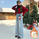 女童牛仔裤加绒2025年秋冬新款卡通圣诞刺绣阔腿裤中大童直筒长裤，童装裤子，祺儿童装