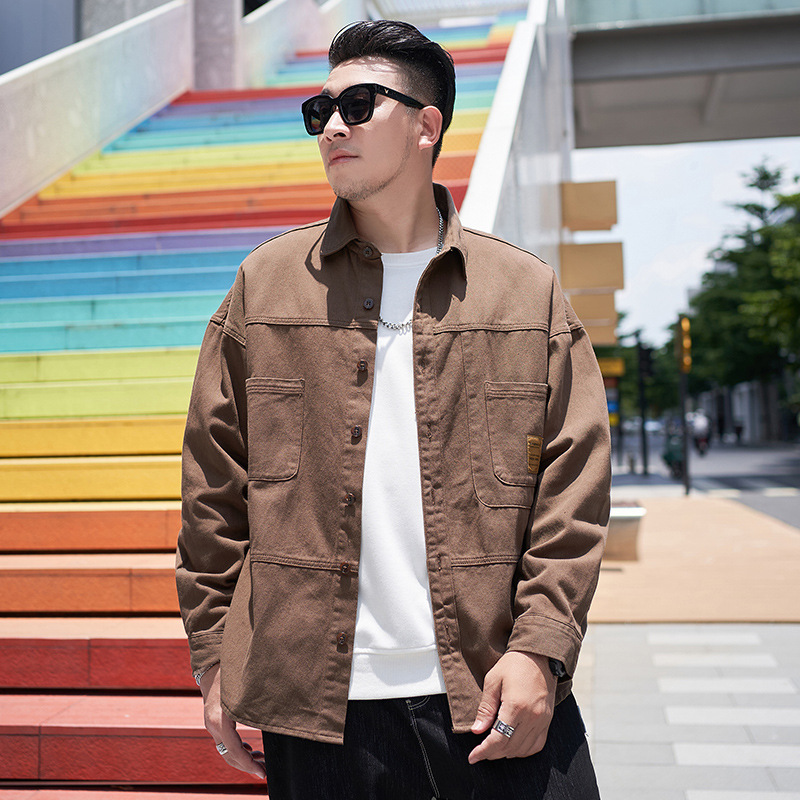 加肥胖子大码装280斤秋季免烫休闲衬衫翻领纯棉宽松工装外套男士