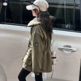 女童2025冬季新款工装毛毛领派克服女大童加绒大口袋中长款棉服潮，童装外套，祺儿童装