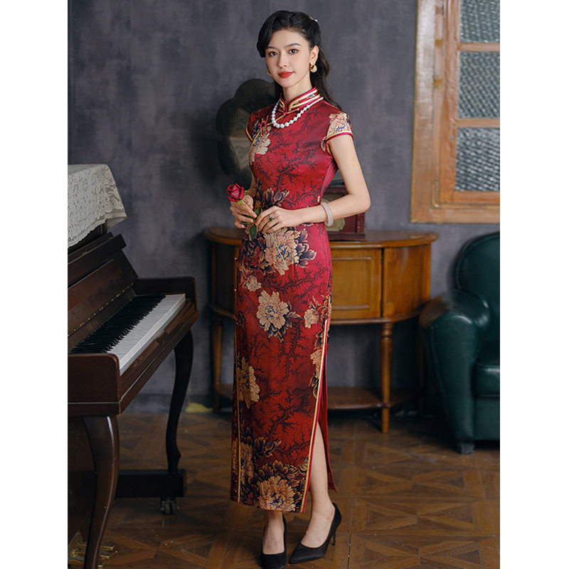 唐之恋桑蚕丝红色旗袍喜妈妈喜婆婆的礼服真丝档连衣裙2023夏季