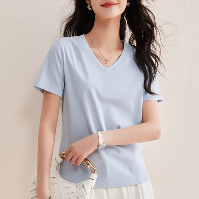 80丝光棉白色短袖v领t恤女2026新款夏季鸡心领正肩长绒棉体恤上衣