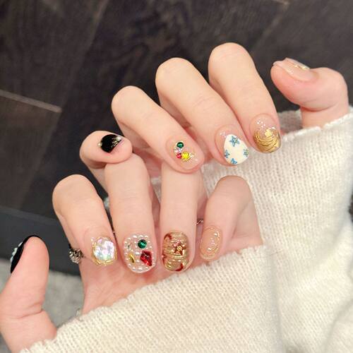 【彩钻星花】纯手工穿戴甲粉黑撞色彩钻星花立体美甲贴片