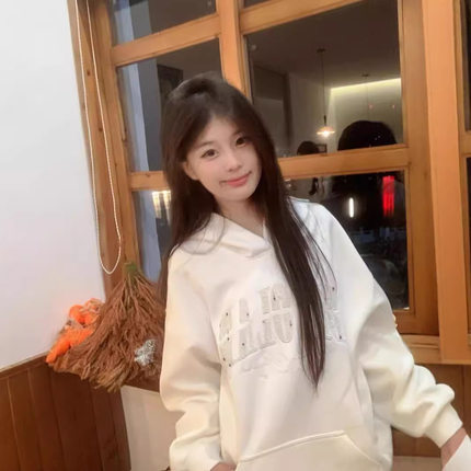 美式复古白色印花字母连帽卫衣女秋冬加绒加厚宽松设计感外套