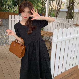 圆领褶皱连衣裙新款 初恋云朵裙女夏季 温柔甜美风超显奶油白法式